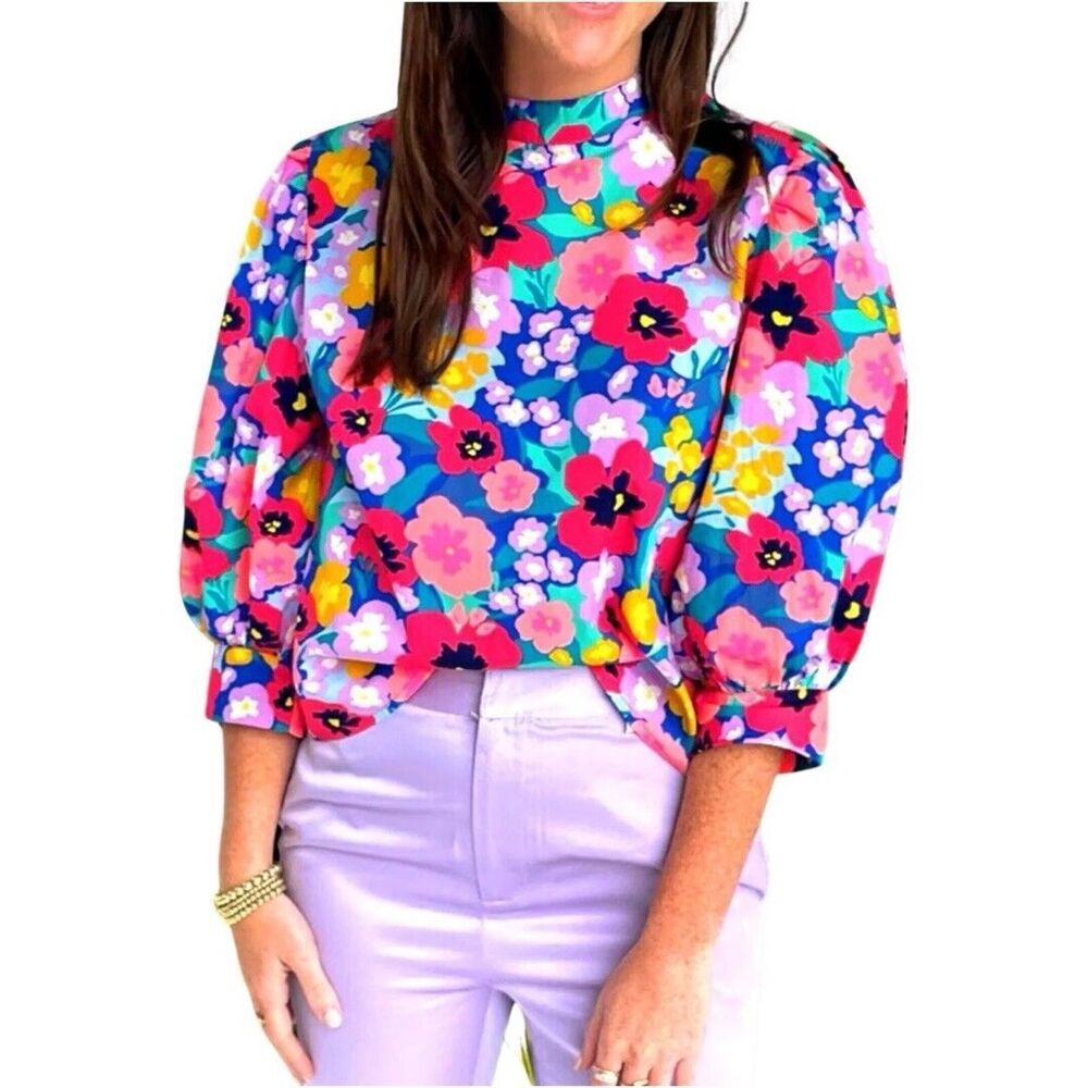 Sur La Plage SLV Bohemian Top Small Floral High Neck Puff Sleeve Coloful